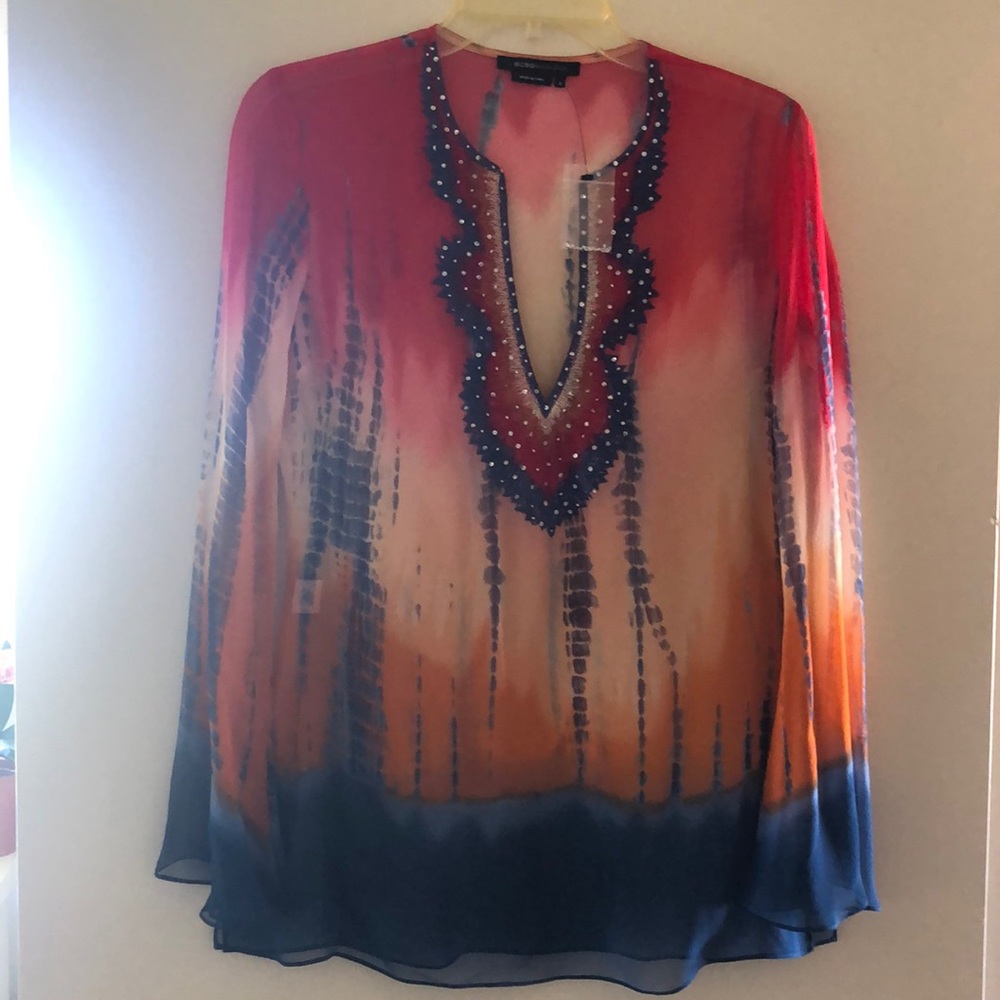 BCBGMaxAzria Sheer Tie Dye Beaded Sequin Blouse S NWOT Coral Blue Ombre Tunic